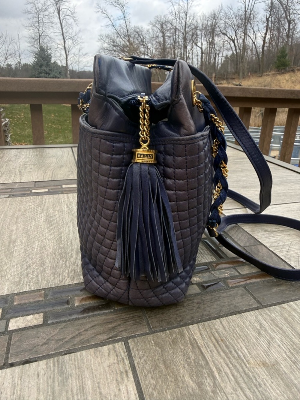 EUC Bally Vintage Soft quilted leather Navy Blue Gold Tassels shoulder Bag - Picture 8 of 15
